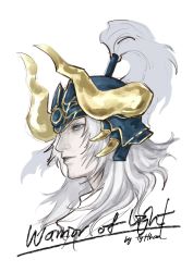 Rule 34 | 1boy, blue eyes, character name, closed mouth, english text, fake horns, final fantasy, final fantasy xiv, grey hair, helmet, highres, horned headwear, horned helmet, horns, long hair, male focus, pale skin, portrait, signature, simple background, sketch, solo, tyt tham, warrior of light (ff1), white background, yellow horns