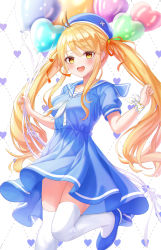 Rule 34 | 1girl, :d, antenna hair, balloon, beret, blonde hair, blue dress, blue footwear, blue hat, blue sailor collar, breasts, dress, funii, hair between eyes, hair ribbon, hat, heart, heart balloon, highres, holding, holding balloon, long hair, looking at viewer, medium breasts, open mouth, orange ribbon, original, pleated dress, puffy short sleeves, puffy sleeves, revision, ribbon, sailor collar, sailor dress, shoes, short sleeves, sidelocks, smile, solo, standing, standing on one leg, thighhighs, twintails, very long hair, white thighhighs, yellow eyes