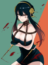 Rule 34 | 1girl, absurdres, arms under breasts, bare shoulders, black dress, black gloves, black hair, blood, blood on face, bloody weapon, breasts, closed mouth, crossed arms, dress, earrings, flower, glaring, gloves, gold earrings, gold hairband, hair between eyes, hair flower, hair ornament, hairband, highres, jewelry, large breasts, long hair, red eyes, rose, short dress, sidelocks, solo, spikes, spy x family, sugoiesisan1, two-tone background, weapon, yor briar