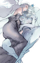 Rule 34 | 2girls, bare shoulders, biting, blue eyes, blue hair, blue skin, breasts, closed eyes, colored skin, commentary, crossed ankles, crown, dual persona, ear biting, final fantasy, final fantasy xiv, fins, floating hair, from below, full body, grey hair, grey robe, half-closed eyes, head fins, head wings, highres, hydaelyn, implied fingering, leg lock, long hair, looking at another, lying, mini crown, multiple girls, off shoulder, on back, on side, parted lips, pydiyudie, robe, selfcest, simple background, sketch, symbol-only commentary, venat (ff14), white background, wings, yuri