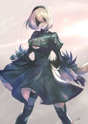 Rule 34 | 1girl, artist name, asymmetrical legwear, black dress, black gloves, blindfold, center opening, closed mouth, dress, facing viewer, gloves, hairband, juliet sleeves, legs apart, light rays, long sleeves, mismatched legwear, nier (series), nier:automata, over-kneehighs, puffy sleeves, short hair, signature, silver hair, single thighhigh, solo, standing, sunbeam, sunlight, thighhighs, two-sided fabric, two-sided skirt, xxx-ff, 2b (nier:automata)