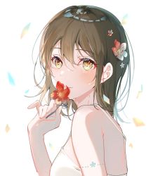Rule 34 | 1girl, bare shoulders, breasts, brown hair, commentary, english commentary, falling petals, flower, from side, hair between eyes, hair flower, hair ornament, hand up, highres, holding, holding flower, leaf, looking at viewer, medium breasts, medium hair, miwano rag, original, petals, red flower, smile, solo, upper body, water drop, white background, yellow eyes