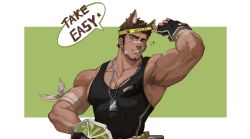 Rule 34 | 1boy, animal ears, armpit hair, armpits, bandaid, bandaid on face, bandaid on nose, bara, bare shoulders, biceps, black gloves, black tank top, brown hair, covered abs, dog boy, dog ears, english text, facial hair, fingerless gloves, gloves, green eyes, headband, highres, jiecaoxiong, large pectorals, male focus, muscular, muscular male, original, pectoral cleavage, pectorals, short hair, sideburns, sleeveless, solo, sparkle, speech bubble, stubble, tank top, upper body