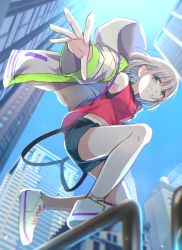 Rule 34 | 1girl, absurdres, bare legs, blue eyes, blue shorts, blue sky, building, commentary request, grey hair, grin, guard rail, highres, hood, hooded jacket, idolmaster, idolmaster shiny colors, jacket, jumping, long sleeves, looking at viewer, looking down, open clothes, open jacket, perspective, red shirt, serizawa asahi, shirt, shoes, short hair, short shorts, shorts, sky, skyscraper, sleeveless, sleeveless shirt, smile, sneakers, solo, suspender shorts, suspenders, yoi r