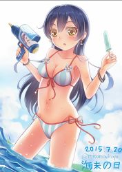 Rule 34 | 10s, 1girl, bad id, bad pixiv id, bikini, blue hair, breasts, cleavage, food, gradient background, long hair, love live!, love live! school idol project, minamixdrops, navel, open mouth, popsicle, solo, sonoda umi, swimsuit, water gun, yellow eyes