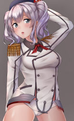 Rule 34 | 10s, 1girl, arm behind back, arm behind head, bad id, bad pixiv id, beret, blue eyes, breasts, buttons, contrapposto, cowboy shot, epaulettes, frilled sleeves, frills, gloves, hat, highres, hinacalibur, kantai collection, kashima (kancolle), large breasts, legs apart, lips, looking at viewer, military, military uniform, neckerchief, no pants, panties, parted lips, sidelocks, silver hair, simple background, solo, standing, thighs, tsurime, twintails, underwear, uniform, wavy hair, white gloves, white panties