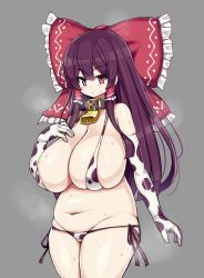 Rule 34 | 1girl, alternate breast size, animal print, bell, bikini, blush, bow, breasts, brown hair, collar, cow print, curvy, elbow gloves, gloves, grey background, groin, hair bow, hakurei reimu, hand on own chest, highres, huge breasts, large bow, navel, neck bell, panties, plump, print bikini, red bow, red eyes, sawati, sidelocks, simple background, solo, steam, steaming body, stomach, straight hair, sweat, sweatdrop, swimsuit, thick thighs, thighs, touhou, underwear