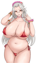 Rule 34 | 1girl, absurdres, areola slip, armlet, bad id, bad pixiv id, belly, bikini, bracelet, breasts, cameltoe, choker, cleavage, cleft of venus, collarbone, covered erect nipples, curvy, fang, fingernails, flower, glasses, hair flower, hair ornament, heart, heart choker, highres, huge breasts, jewelry, labiata (last origin), last origin, long hair, looking at viewer, maid headdress, micro bikini, moebell, navel, aged up, open mouth, orange eyes, pink choker, plump, prototype labiata, puffy nipples, pulling own clothes, red bikini, side-tie bikini bottom, silver hair, simple background, skindentation, smile, solo, standing, strap pull, swimsuit, thick thighs, thighs, very long hair, waga (user ptfu4774), white background