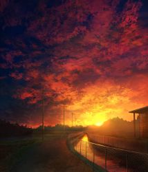 Rule 34 | backlighting, building, chain-link fence, cloud, cloudy sky, evening, fence, grass, highres, mks, no humans, original, outdoors, path, power lines, reflection, river, road, scenery, shadow, sky, sunlight, sunset, tree, utility pole, water