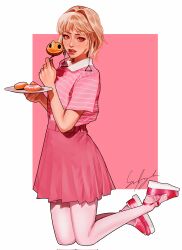 Rule 34 | 1girl, absurdres, alternate costume, blonde hair, chainsaw man, corrupted twitter file, doughnut, earrings, fami (chainsaw man), food, fork, highres, holding, holding fork, holding plate, jewelry, looking at viewer, mole, mole on cheek, mole under eye, mole under mouth, multiple moles, pink shirt, pink skirt, pink theme, pink thighhighs, plate, pochita (chainsaw man), red eyes, ringed eyes, shirt, short hair, signature, simple background, skirt, snowberryaki, solo, striped clothes, striped shirt, tassel, tassel earrings, thighhighs, white background