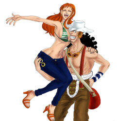 Rule 34 | 1boy, 1girl, bikini, breast smother, breasts, cleavage, face to breasts, hand on ass, highres, large breasts, nami (one piece), one piece, orange hair, smile, swimsuit, usopp