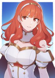 Rule 34 | 1girl, armor, bare shoulders, breasts, cape, celica (fire emblem), commentary, detached collar, detached sleeves, dress, earrings, edmonmondo, english commentary, fire emblem, fire emblem echoes: shadows of valentia, hairband, highres, jewelry, long hair, looking at viewer, medium breasts, nintendo, open mouth, red eyes, red hair, smile, solo, tiara, wavy hair, white armor