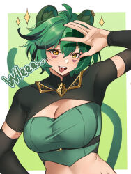 Rule 34 | 1girl, animal ears, antenna hair, breasts, character request, cleavage, cleavage cutout, clothing cutout, copyright request, detached sleeves, facial mark, green hair, hair between eyes, highres, large breasts, long sleeves, looking at viewer, midriff, open mouth, pinepin, short hair, short sleeves, shrug (clothing), simple background, smile, solo, strapless, tail, tongue, tongue out, tube top, upper body, yellow eyes