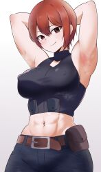 Rule 34 | 1girl, abs, amogan, armpits, arms behind head, belt, black pants, breasts, brown belt, brown eyes, clothing cutout, commentary request, commission, covered erect nipples, crop top, groin, highres, hip bones, large breasts, midriff, muscular, muscular female, navel, original, pants, pixiv commission, pouch, presenting armpit, raised eyebrow, red hair, short hair, sleeveless, sleeveless turtleneck, smile, solo, steaming body, sweat, turtleneck, upper body