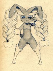 Rule 34 | 1girl, animal hands, beige background, black sclera, breasts, collar, colored sclera, creatures (company), earrings, feet, full body, furry, furry female, game freak, gen 4 pokemon, grin, hair ornament, hair tubes, hand on own hip, hand up, highres, jewelry, legs apart, looking at viewer, lopunny, monochrome, navel, nintendo, no nipples, piercing, pokemon, pokemon (creature), pokemon dppt, pussy, simple background, small breasts, smile, solo, standing, tattoo, traditional media, tush, uncensored, v, v over eye, wristband