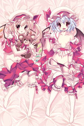 Rule 34 | 2girls, bare shoulders, bat wings, blonde hair, blue hair, bow, breasts, collarbone, dakimakura (medium), flandre scarlet, from above, full body, hair between eyes, hat, hat ribbon, holding, holding stuffed toy, kneehighs, looking at viewer, lumine (2339), lying, medium hair, mob cap, multicolored wings, multiple girls, nail polish, no shoes, off-shoulder shirt, off shoulder, on back, on bed, open mouth, panties, panty pull, pink background, pink headwear, puffy short sleeves, puffy sleeves, red bow, red eyes, red nails, red panties, red ribbon, red skirt, red vest, remilia scarlet, ribbon, shirt, short sleeves, siblings, sisters, skirt, sleeve bow, small breasts, socks, stuffed animal, stuffed toy, teddy bear, tongue, tongue out, touhou, underwear, vest, white panties, white shirt, white socks, wings, wrist cuffs