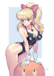 Rule 34 | 1girl, arm support, bare arms, bare shoulders, black leotard, blonde hair, bomber gyaru, bomberman, bomberman: hidden character discovery technique, bow, commentary request, cowboy shot, earrings, gloves, grin, hair bow, highres, jewelry, leotard, long hair, looking at viewer, matsuda (matsukichi), necklace, parted lips, pink bow, ponytail, purple eyes, smile, solo, standing, thighs, white gloves