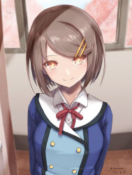 Rule 34 | 1girl, absurdres, arms at sides, blue jacket, blurry, blurry background, bright pupils, brown eyes, brown hair, buttons, closed mouth, collared jacket, collared shirt, dated, day, frame arms girl, hair ornament, hairclip, head tilt, highres, indoors, jacket, kongou (frame arms girl), light blush, looking at viewer, neck ribbon, red ribbon, ribbon, shirt, short hair, smile, soanote, solo, straight-on, straight hair, swept bangs, twitter username, upper body, white shirt, window