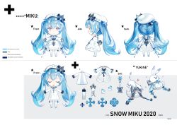 Rule 34 | 1girl, 2020, absurdres, animal, ascot, bell, beret, blue ascot, blue eyes, blue hair, boots, character name, character sheet, chibi, clothed animal, collared shirt, color guide, cross, dress, english text, gloves, gradient gloves, hat, hat ribbon, hatsune miku, heart, highres, long hair, long sleeves, multiple views, outstretched arms, rabbit, rabbit yukine, ribbon, shirt, snowflake ornament, standing, thigh boots, thighhighs, turnaround, twintails, variations, very long hair, vocaloid, white background, white dress, white footwear, white gloves, white headwear, yuki miku, yuki miku (2020) (applicant), yyb, zettai ryouiki