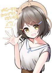 Rule 34 | +++, 1girl, :d, absurdres, aikawa aoi, animal hat, black hair, blush, braid, breasts, brown eyes, brown hat, cat hat, collarbone, commentary request, hair ornament, hairclip, hand up, hat, highres, indie virtual youtuber, looking at viewer, nekobaka, open mouth, shirt, short sleeves, simple background, small breasts, smile, solo, translated, twitter username, upper body, virtual youtuber, white background, white shirt