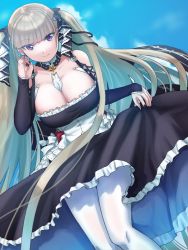 Rule 34 | 1girl, azur lane, between breasts, black dress, black ribbon, blue sky, blush, breasts, bridal gauntlets, cleavage, closed mouth, cloud, commentary request, dress, earrings, feet out of frame, formidable (azur lane), frilled dress, frills, grey hair, hair ribbon, irota, jewelry, large breasts, long hair, looking at viewer, pantyhose, purple eyes, ribbon, sky, smile, solo, twintails, two-tone dress, two-tone ribbon, very long hair, white dress, white pantyhose, white ribbon