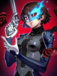Rule 34 | 1girl, armor, black scarf, blue fire, brown hair, card, closed mouth, datcravat, eye mask, eyelashes, fire, fire, gun, handgun, highres, holding, holding gun, holding weapon, looking at viewer, niijima makoto, persona, persona 5, pink lips, red eyes, revolver, scarf, short hair, solo, spikes, twintails, twitter username, weapon