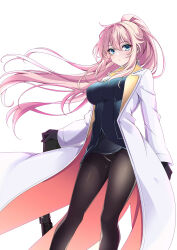 Rule 34 | 1girl, :&lt;, black gloves, black pantyhose, black shirt, blue eyes, blue shirt, blush, breasts, closed mouth, coat, eyelashes, gloves, gun, highres, holding, holding gun, holding weapon, impossible clothes, large breasts, long hair, looking at viewer, original, pantyhose, pink hair, ponytail, shirt, sidelocks, simple background, solo, standing, thighs, tokia (17141031otw), weapon, white background, white coat