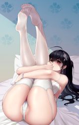 Rule 34 | 1girl, absurdres, ahoge, ass, azur lane, bare shoulders, bed, bed sheet, black hair, bracelet, breasts, cameltoe, commentary request, dress, earrings, feet, flower, garter straps, hair between eyes, hair flower, hair ornament, heart, heart-shaped pupils, highres, hugging own legs, jewelry, kojo (0124), large breasts, leg lift, legs, legs up, long hair, looking at viewer, lying, no shoes, official alternate costume, on back, on bed, panties, pillow, red eyes, revision, sideboob, skindentation, sleeveless, sleeveless dress, soles, solo, symbol-shaped pupils, taihou (azur lane), taihou (temptation on the sea breeze) (azur lane), thighhighs, thighs, two side up, underwear, very long hair, wedding dress, white dress, white flower, white panties, white thighhighs