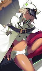 Rule 34 | 1girl, bandages, belt, cape, clover, dark-skinned female, dark skin, four-leaf clover, guilty gear, guilty gear strive, hat, highres, huge weapon, looking at viewer, midriff, navel, platinum blonde hair, ramlethal valentine, shaded face, short shorts, shorts, simple background, sitting, solo, sword, weapon, white background, white cape, yuuyuu (yuuki1771)