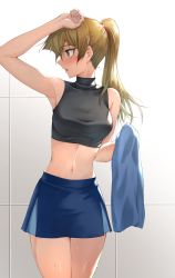 Rule 34 | 1girl, arm up, bare arms, bare shoulders, blonde hair, blue skirt, blush, breasts, commentary request, fingernails, high ponytail, highres, holding, holding towel, long hair, looking to the side, medium breasts, midriff, navel, open mouth, ponytail, rourou ill, simple background, skirt, sleeveless, stomach, sweat, sweatdrop, tank top, tenjouin asuka, towel, turtleneck, yellow eyes, yu-gi-oh!, yu-gi-oh! gx