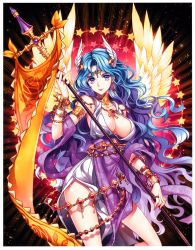 Rule 34 | 1girl, absurdres, armlet, banner, bare shoulders, blue hair, bracelet, breasts, choker, cleavage, closed mouth, collarbone, earrings, female focus, headgear, highres, huge filesize, jewelry, kaku-san-sei million arthur, large breasts, light smile, lips, long hair, looking at viewer, lots of jewelry, million arthur (series), nardack, polearm, purple eyes, sash, scan, solo, weapon, wings