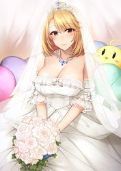 Rule 34 | 1000000000, 1girl, azur lane, bare shoulders, blonde hair, breasts, bridal veil, cleavage, dress, heart, heart-shaped pillow, jewelry, large breasts, necklace, pillow, prince of wales (azur lane), red eyes, smile, solo, stuffed animal, stuffed toy, veil, wedding dress