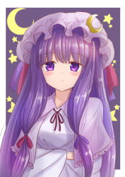 Rule 34 | 1girl, blush, border, closed mouth, crescent, crescent moon, dress, hair ornament, hat, ichima (pixiv 29147205), long hair, looking at viewer, mob cap, moon, neck ribbon, patchouli knowledge, purple eyes, purple hair, red ribbon, ribbon, sidelocks, solo, star (symbol), star hair ornament, star print, starry background, touhou, upper body, very long hair, white border