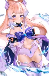Rule 34 | 1girl, absurdres, artist name, belly, blue eyes, blue hair, blunt bangs, bow, bowtie, breasts, cameltoe, cleavage, frilled sleeves, frills, genshin impact, gloves, hair ornament, highres, multicolored hair, navel, nikkie viore, pink hair, sangonomiya kokomi, short shorts, shorts, simple background, solo, spread navel, stomach, thighhighs, two-tone hair, vision (genshin impact), water, white background, wide sleeves