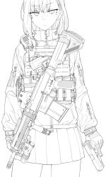 Rule 34 | 1girl, battle rifle, closed mouth, commentary request, cowboy shot, desert (desel 1), expressionless, gloves, gun, h&amp;k hk417, handgun, highres, holding, holding gun, holding weapon, load bearing vest, long sleeves, looking at viewer, mole, mole under eye, monochrome, original, pleated skirt, rifle, short hair, simple background, skirt, solo, weapon, white background