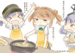 Rule 34 | &gt;:o, &gt; &lt;, 10s, 2014, 3girls, :d, :o, :|, apron, artist name, bad id, bad pixiv id, black eyes, brown eyes, brown hair, closed eyes, closed mouth, cooking, dated, double bun, food, hair bun, hat, hinata yuu, kantai collection, kasumi (kancolle), michishio (kancolle), multiple girls, neck ribbon, ooshio (kancolle), open mouth, outstretched arms, pot, ribbon, shirt, short sleeves, shrimp, shrimp tempura, sketch, smile, spread arms, tempura, translation request, twintails, v-shaped eyebrows, white background, white shirt, xd