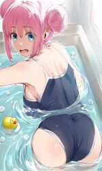 Rule 34 | 1girl, ass, bare shoulders, blue eyes, blue one-piece swimsuit, bocchi the rock!, breasts, competition school swimsuit, double bun, from behind, gotoh hitori, hair between eyes, hair bun, hews, highres, large breasts, long hair, looking at viewer, looking back, one-piece swimsuit, open mouth, partially submerged, pink hair, rubber duck, school swimsuit, sideboob, solo, swimsuit, water