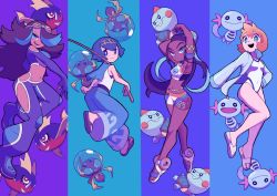 Rule 34 | 4girls, armlet, bear ringer, belly chain, bike shorts, blue eyes, blue eyeshadow, blue hair, blue pants, blue theme, bright pupils, carvanha, chewtle, closed mouth, commentary, creatures (company), dark-skinned female, dark skin, dewpider, earrings, eyeshadow, fishing rod, game freak, gen 2 pokemon, gen 3 pokemon, gen 7 pokemon, gen 8 pokemon, goggles, goggles on head, green eyes, gym leader, hair between eyes, hair bun, highres, holding, holding fishing rod, hoop earrings, jacket, jewelry, lana (pokemon), long hair, long sleeves, looking back, makeup, misty (pokemon), multicolored hair, multiple girls, navel, necklace, nessa (pokemon), nintendo, one-piece swimsuit, open clothes, open jacket, open mouth, orange hair, pants, pokemon, pokemon (creature), pokemon hgss, pokemon oras, pokemon sm, pokemon swsh, revision, sandals, shelly (pokemon), shirt, short hair, single hair bun, sleeveless, sleeveless shirt, smile, streaked hair, swimsuit, teeth, trait connection, two-tone hair, upper teeth only, white footwear, white one-piece swimsuit, white pupils, white shirt, wooper
