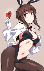 Rule 34 | 1girl, animal ears, black pantyhose, blush, box, breasts, brown eyes, brown hair, cleavage, commentary request, em (totsuzen no hakike), fake animal ears, gift, gift box, gloves, heart, heart-shaped box, holding, holding gift, leotard, looking at viewer, military, military uniform, navel, one-piece swimsuit, pantyhose, pantyhose under swimsuit, playboy bunny, rabbit ears, rabbit tail, short hair, sidelocks, smile, solo, strike witches, sweat, swimsuit, swimsuit under clothes, tail, takei junko, uniform, valentine, white gloves, world witches series