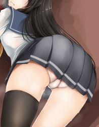 Rule 34 | 10s, 1girl, akatsuki akane, ass, black hair, gradient background, head out of frame, isokaze (kancolle), kantai collection, long hair, out of frame, panties, revision, school uniform, serafuku, single thighhigh, skirt, solo, thighhighs, underwear