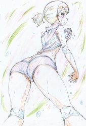 Rule 34 | 10s, 1girl, absurdres, ass, back, blush, brown eyes, brown hair, clothes lift, color trace, colored pencil (medium), commentary, cowboy shot, elbow pads, from behind, girls und panzer, hair tie, highres, kawanishi shinobu, kitazinger, knee pads, legs, light blush, light frown, looking at viewer, looking back, open mouth, red shirt, red shorts, shirt, shirt lift, short hair, short ponytail, short shorts, shorts, sketch, sleeveless, sleeveless shirt, solo, sportswear, standing, sweat, traditional media, volleyball uniform, water drop, wiping face