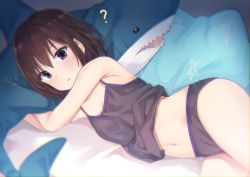 Rule 34 | 1girl, ?, black camisole, black panties, blue eyes, blurry, breasts, brown hair, camisole, depth of field, highres, hitoiki, lying, midriff, navel, on bed, on side, original, panties, small breasts, solo, stuffed animal, stuffed shark, stuffed toy, underwear, underwear only