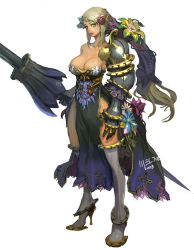 Rule 34 | 00s, 1girl, 2008, armor, bare hips, bare shoulders, blonde hair, breasts, cleavage, dress, flower, frills, gauntlets, hair flower, hair ornament, high heels, huge weapon, lance, large breasts, lips, long hair, original, polearm, shoes, simple background, solo, tabard, thighhighs, weapon, weltol, yellow eyes
