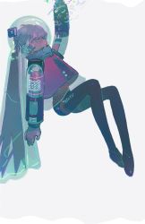 Rule 34 | 1girl, aqua hair, arm up, black legwear, commentary, full body, gloves, hatsune miku, helmet, long hair, mawarusanso, see-through, see-through sleeves, simple background, solo, space helmet, spacesuit, twintails, very long hair, vocaloid, white background