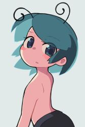 Rule 34 | 1girl, antennae, back, black eyes, black shorts, blush, commentary, from behind, green hair, grey background, highres, looking at viewer, looking back, medium bangs, open mouth, short hair, shorts, simple background, solo, swept bangs, topless, touhou, ugif, upper body, wriggle nightbug