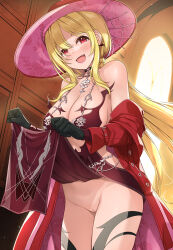 Rule 34 | 1girl, :d, bare shoulders, black gloves, blonde hair, blush, breasts, cleavage, clothes lift, coat, commentary request, dress, dress lift, gloves, hat, highres, idolmaster, idolmaster cinderella girls, jewelry, kurosaki chitose, large breasts, lifted by self, long hair, long sleeves, looking at viewer, mk (mod0), no panties, off shoulder, open mouth, pink hat, pussy, red coat, red eyes, smile, solo, thighs, underwear
