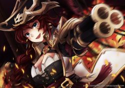 Rule 34 | 1girl, :d, armor, bad id, bad pixiv id, belt, belt buckle, black belt, black choker, black hat, blue eyes, braid, breasts, brown gloves, buckle, choker, cleavage, commentary, dual wielding, explosion, fringe trim, gloves, gun, hair between eyes, hat, head tilt, heart, holding, holding gun, holding weapon, jacket, large breasts, league of legends, long hair, looking at viewer, miss fortune (league of legends), motion blur, open mouth, pauldrons, pirate hat, red hair, saruei, shoulder armor, smile, solo, v-shaped eyebrows, watermark, weapon, web address, white jacket