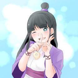 Rule 34 | 1girl, maya fey, black hair, ace attorney, highres, japanese clothes, jewelry, long hair, looking at viewer, magatama, myscarlet love, necklace, one eye closed, open mouth, smile, solo, v