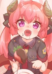 Rule 34 | aiguillette, black shirt, blue archive, blurry, blush, demon wings, depth of field, fangs, food, fruit, hair ribbon, highres, horns, junko (blue archive), necktie, ooba jun, open mouth, pink eyes, pointy ears, red hair, red necktie, ribbon, saliva, shirt, strawberry, tongue, twintails, uvula, wings