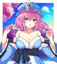 Rule 34 | 1girl, absurdres, bare shoulders, blue hat, blue kimono, blurry, blurry background, cherry blossoms, cloud, collarbone, commentary request, gradient sky, hat, highres, japanese clothes, kimono, long sleeves, looking at viewer, mob cap, open mouth, outdoors, pink eyes, pink hair, ptn, saigyouji yuyuko, sash, short hair, sky, solo, touhou, triangular headpiece, upper body, variant set, wide sleeves